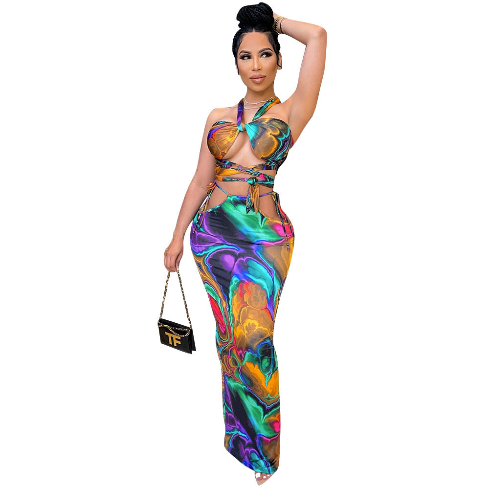 Printed Chest Wrap Ladies Two-piece Set