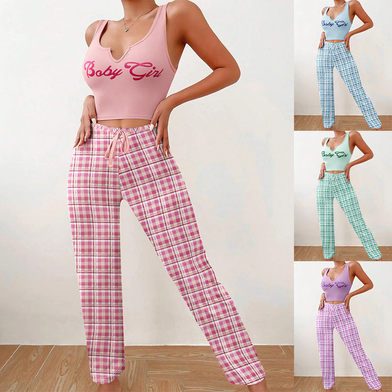 Homewear Vest Color Matching Plaid Trousers Letter Print Top Pajamas