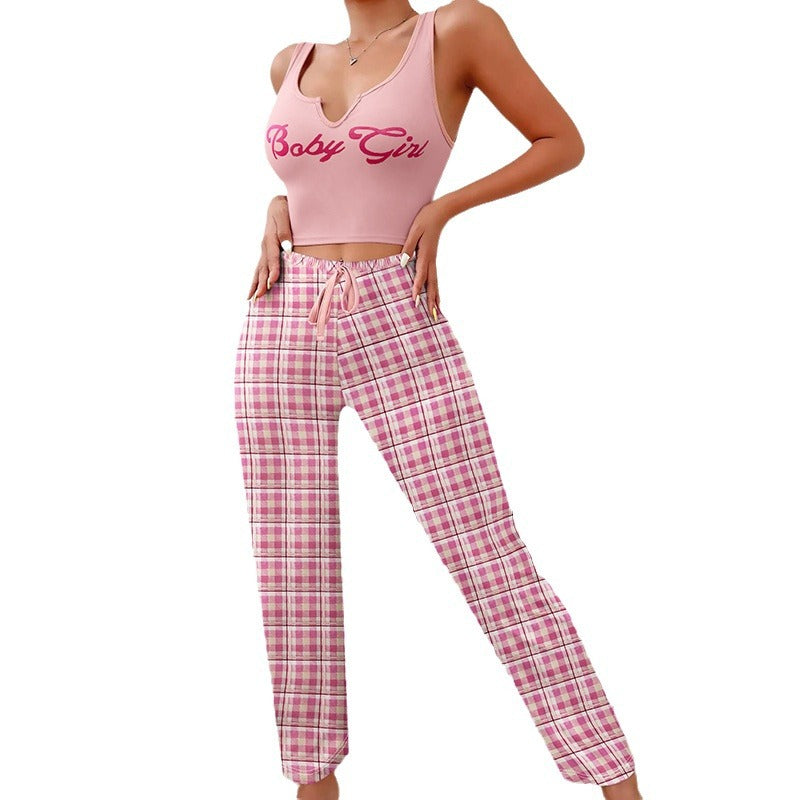 Homewear Vest Color Matching Plaid Trousers Letter Print Top Pajamas