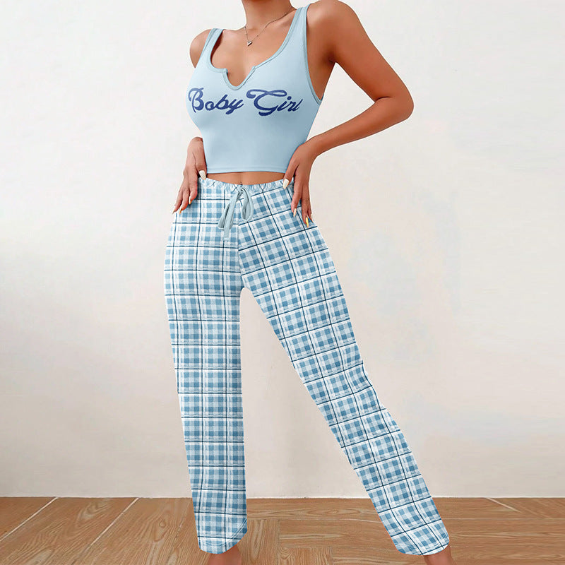 Homewear Vest Color Matching Plaid Trousers Letter Print Top Pajamas