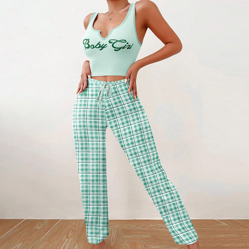 Homewear Vest Color Matching Plaid Trousers Letter Print Top Pajamas