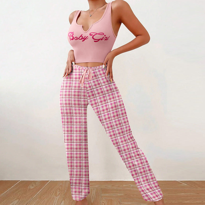 Homewear Vest Color Matching Plaid Trousers Letter Print Top Pajamas