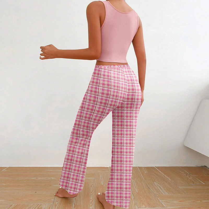 Homewear Vest Color Matching Plaid Trousers Letter Print Top Pajamas