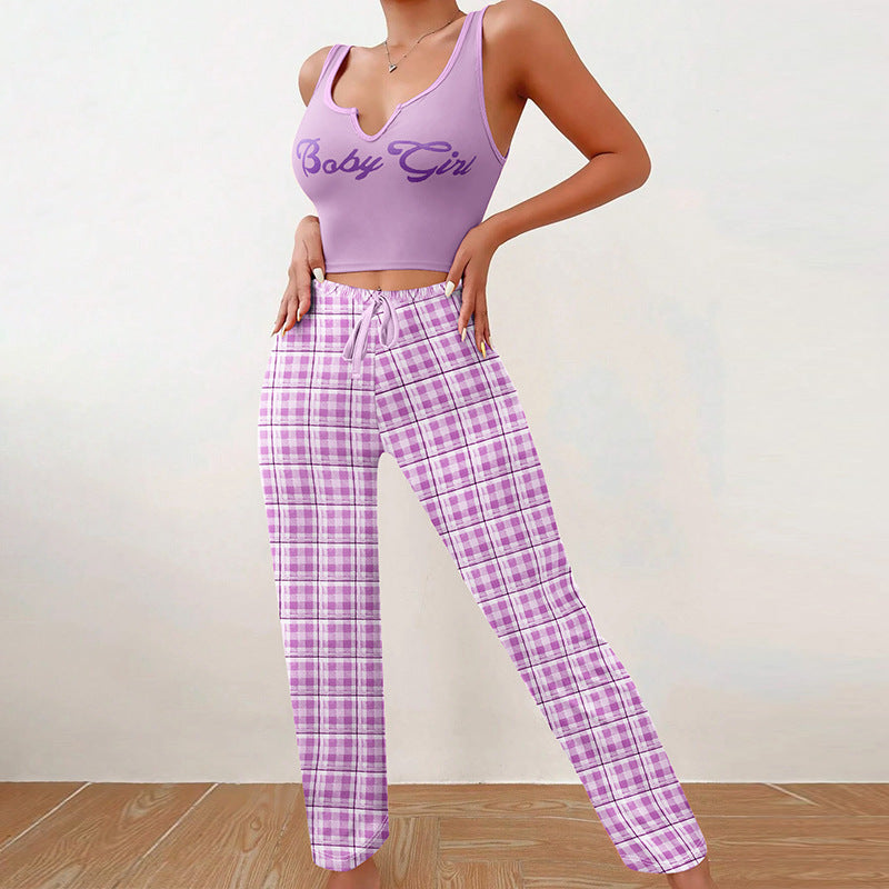 Homewear Vest Color Matching Plaid Trousers Letter Print Top Pajamas