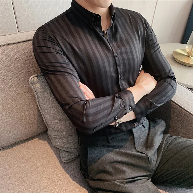 Men Vertical Stripe Shirts Slim Men Casual Long/short Sleeve Shirt