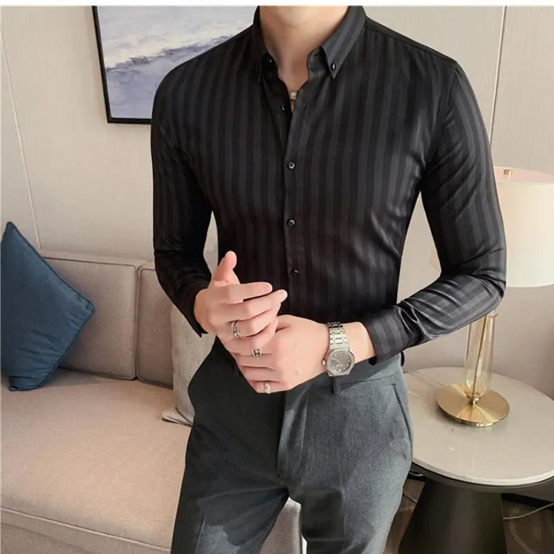 Men Vertical Stripe Shirts Slim Men Casual Long/short Sleeve Shirt