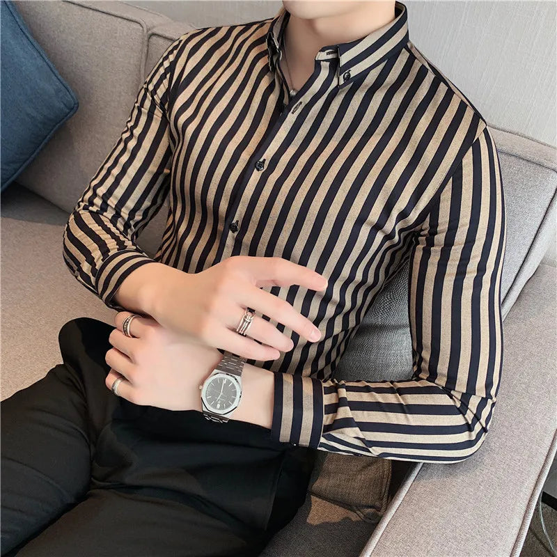 Men Vertical Stripe Shirts Slim Men Casual Long/short Sleeve Shirt