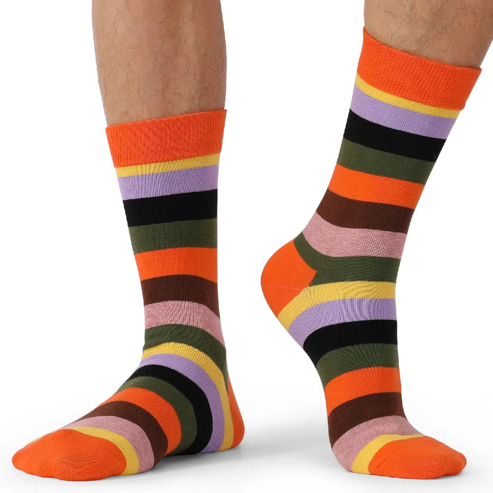 Casual Fashion Cotton  Long Men Socks Contrast Color Rainbow Larger Size Stripe Socks for Men