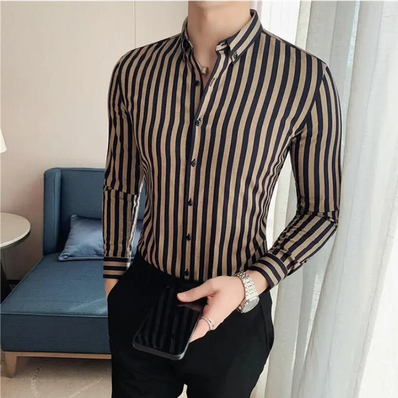 Men Vertical Stripe Shirts Slim Men Casual Long/short Sleeve Shirt