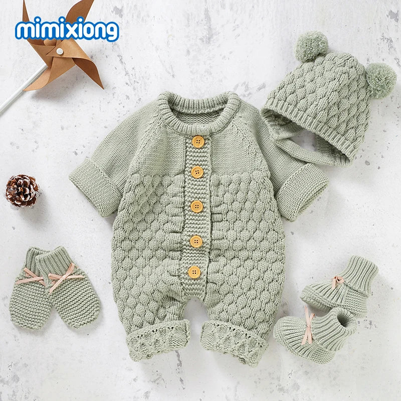 Baby Rompers Caps Clothes Sets Newborn Girl Boy Knitted Jumpsuits Outfits Autumn Winter Long Sleeve  2pcs