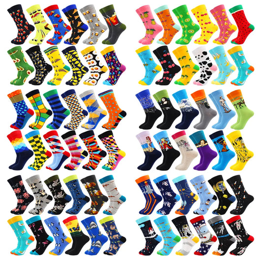 6 Pairs Fashion Casual Men Socks Art Van Gogh Stripe Harajuku Fruit Animal Sloth Beer Funny Socks Dress Cotton Socks