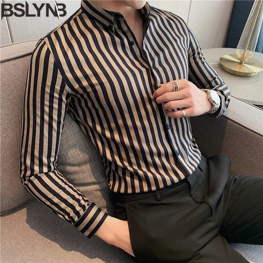 Men Vertical Stripe Shirts Slim Men Casual Long/short Sleeve Shirt