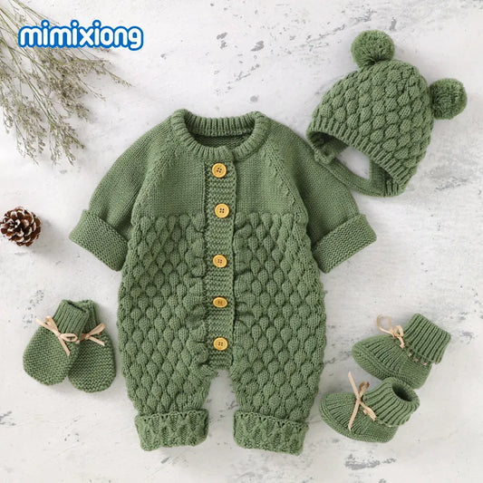 Baby Rompers Caps Clothes Sets Newborn Girl Boy Knitted Jumpsuits Outfits Autumn Winter Long Sleeve  2pcs