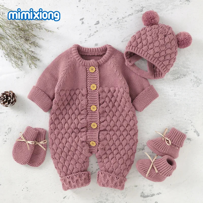 Baby Rompers Caps Clothes Sets Newborn Girl Boy Knitted Jumpsuits Outfits Autumn Winter Long Sleeve  2pcs