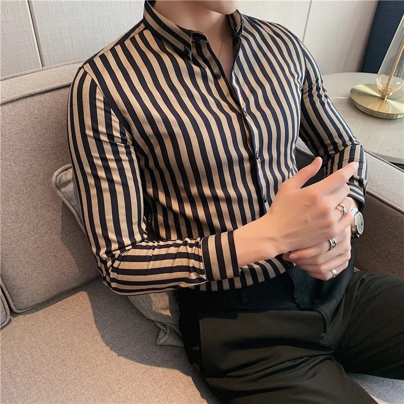 Men Vertical Stripe Shirts Slim Men Casual Long/short Sleeve Shirt