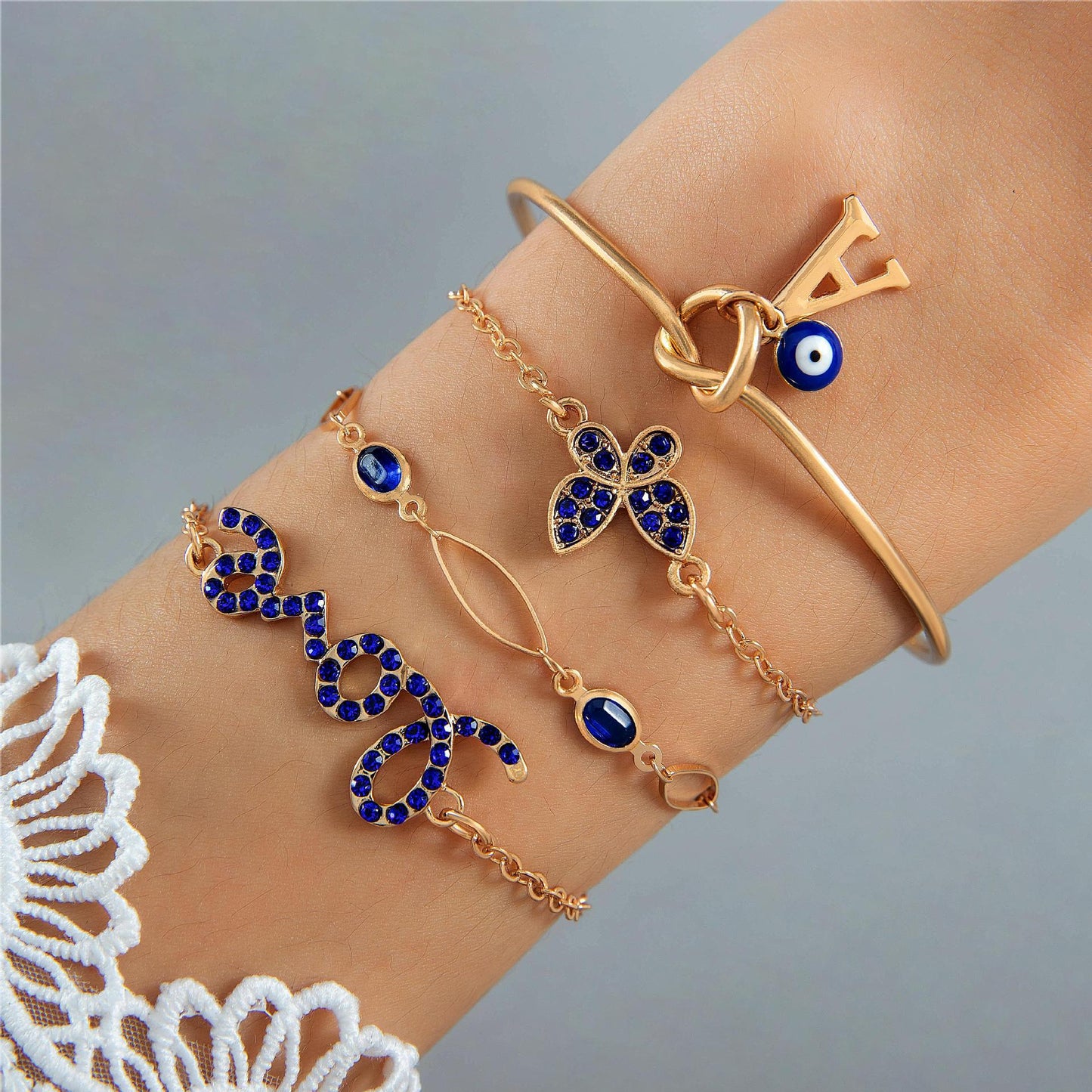 Blue Flower Love Butterfly Bracelet 4pcs Set With Rhinestones Design