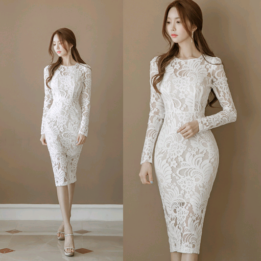 Lace Slim Hip Fashion Round Neck Long Dress Women's Step Skirt