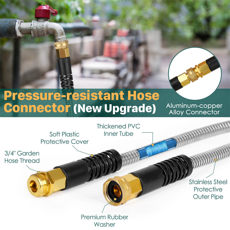 Metal Garden Hose 50ft & 100ft Stainless Steel Flexible, Kink-Free Water Hose with 10 Spray Patterns & 2 Nozzles