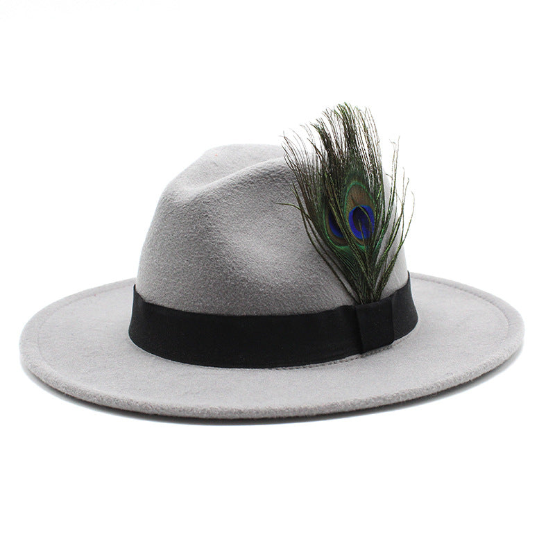 Women's Woolen Big Brim Peacock Feather Casual Sun Hat