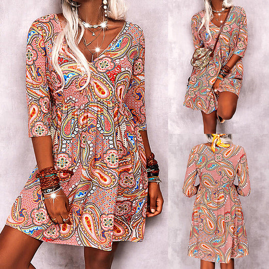 Printed V-Neck 3/4 Sleeve Casual Dress