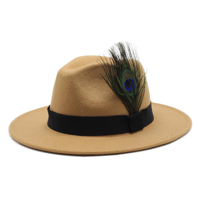 Women's Woolen Big Brim Peacock Feather Casual Sun Hat