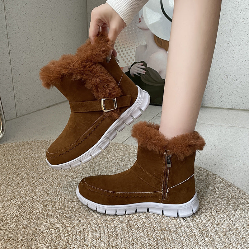 Boots Winter Warm Thickened Solid Color Plush Ankle Boots With Buckle Design