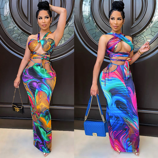 Printed Chest Wrap Ladies Two-piece Set