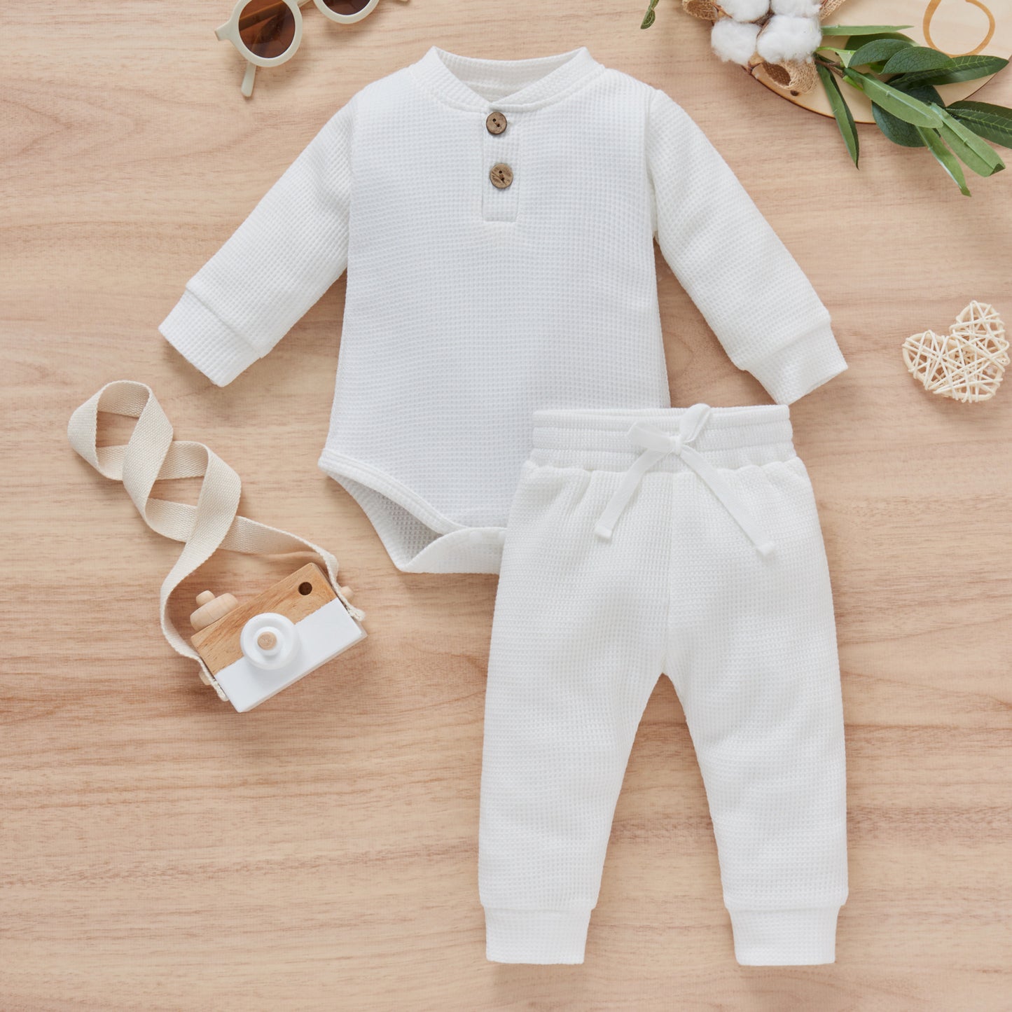 Cotton Waffle Stand Collar Romper Trousers Two-piece Set