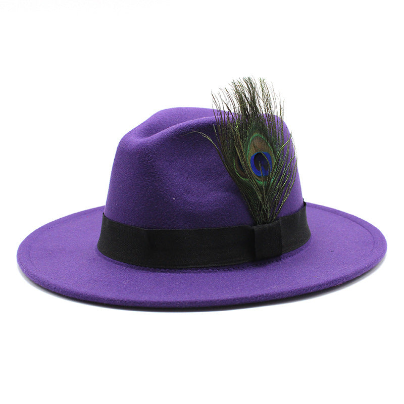 Women's Woolen Big Brim Peacock Feather Casual Sun Hat