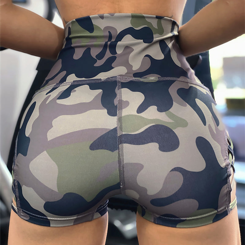 Camouflage Leopard Print Yoga Pants  High Waist Tight Shorts With Side Hollow