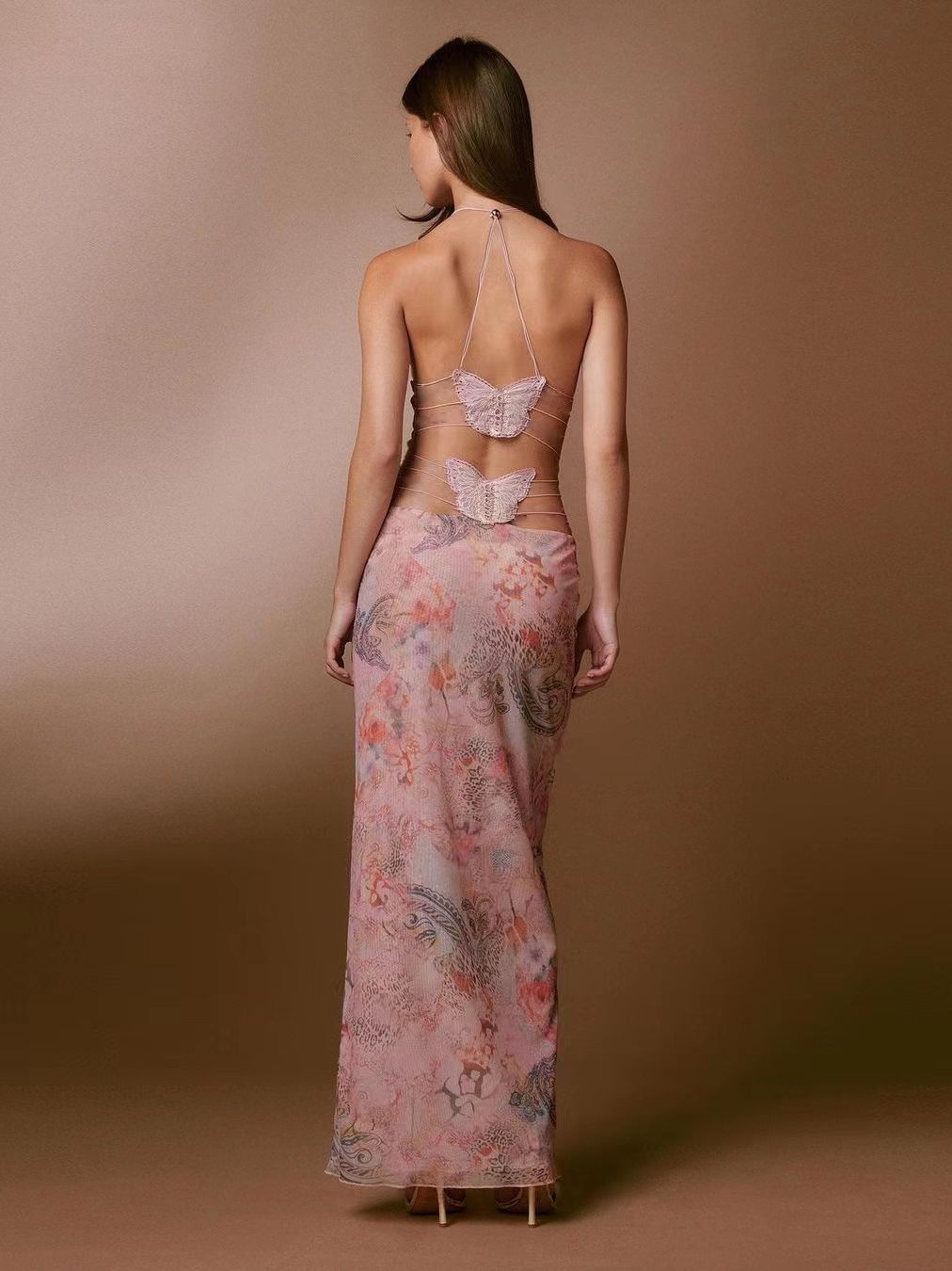 Floral Print Halter Spaghetti Straps Dress Sexy Slim Butterfly Back