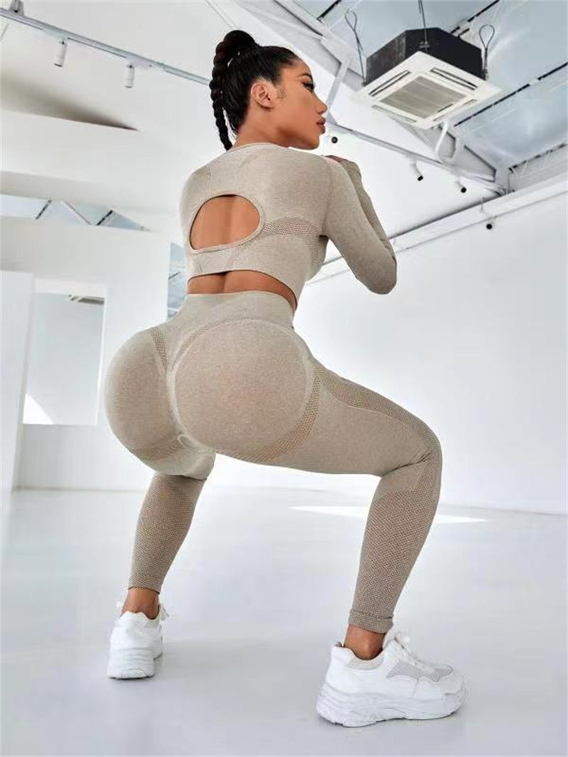 2pcs Sports Suits Long Sleeve Hollow Design Tops And Butt Lifting High Waist Seamless Fitness Leggings