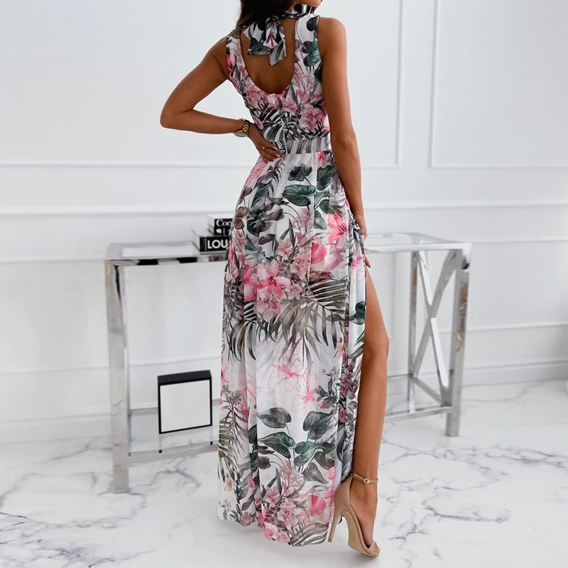 Summer Chiffon Print Lace-up Dress Sleeveless