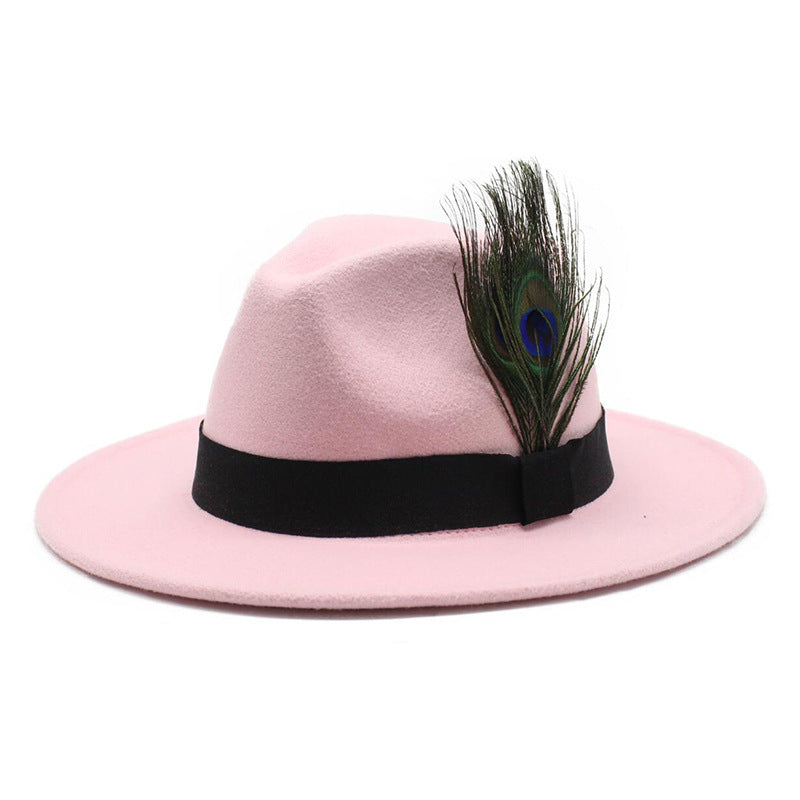 Women's Woolen Big Brim Peacock Feather Casual Sun Hat