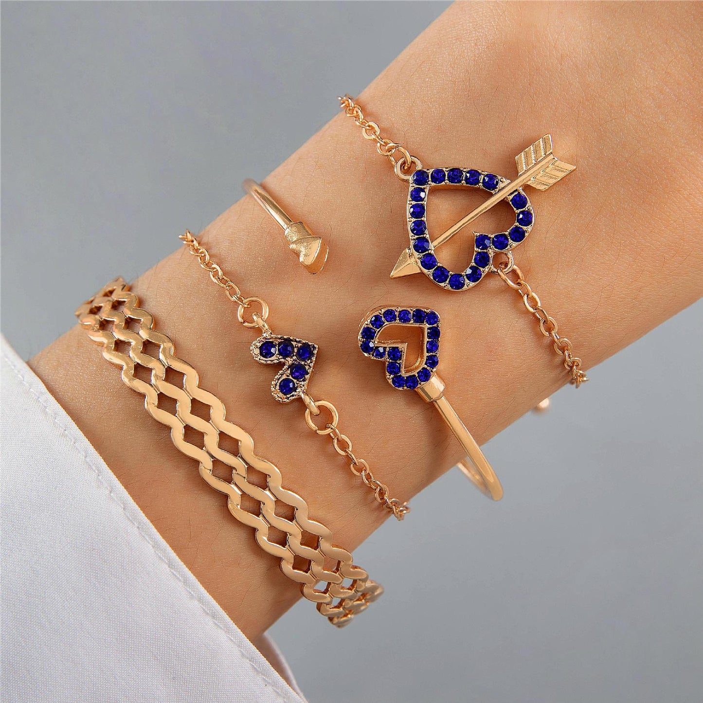 Blue Flower Love Butterfly Bracelet 4pcs Set With Rhinestones Design