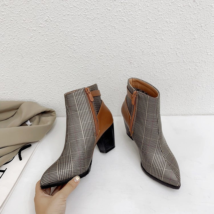 Retro Check Pattern Pointed Toe Ankle Boots Chunky Heel Ankle Boots