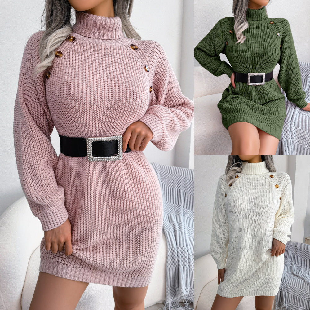 Turtleneck Long Sweater Dress With Button Design Leisure Clinch Long Sleeve Base Sweater