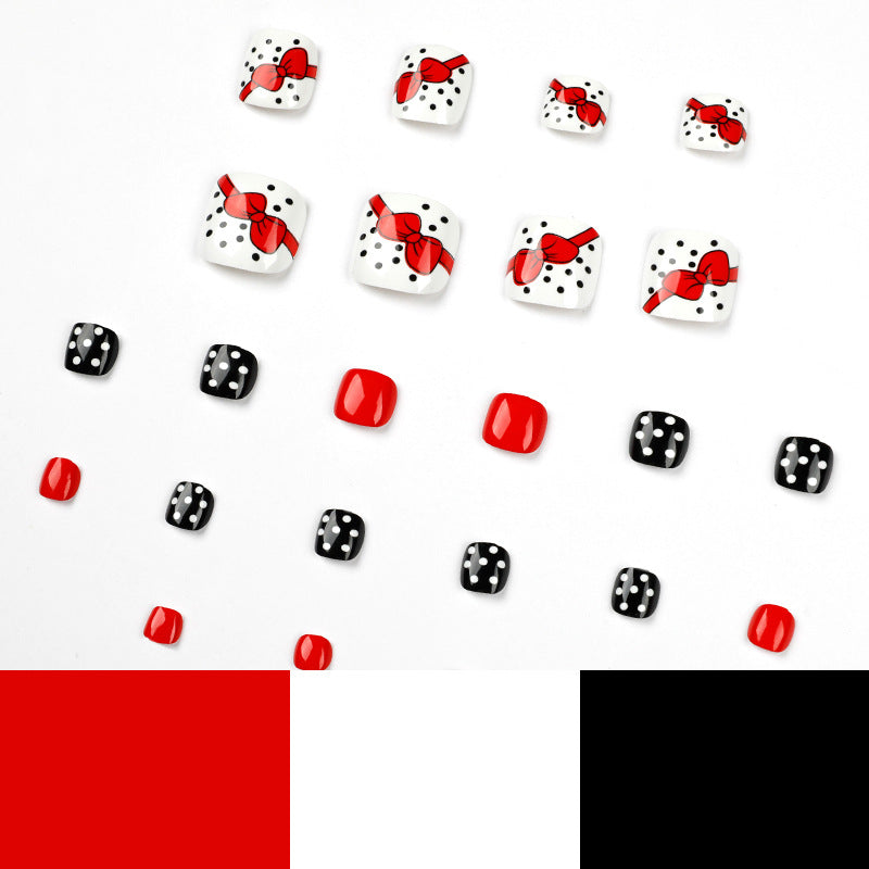 Black And White Dotted Red Bow Toenail Manicure Wearable Manicure Wholesale Fake Nails Nail Stickers Nails