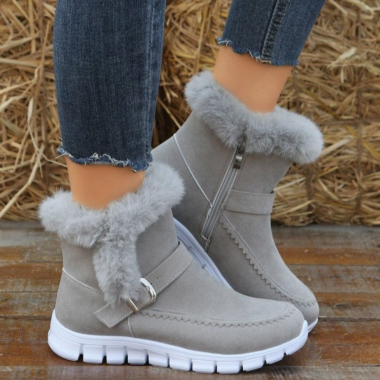 Boots Winter Warm Thickened Solid Color Plush Ankle Boots With Buckle Design