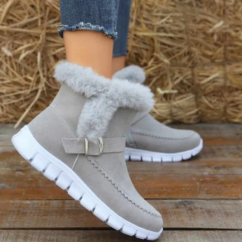 Boots Winter Warm Thickened Solid Color Plush Ankle Boots With Buckle Design