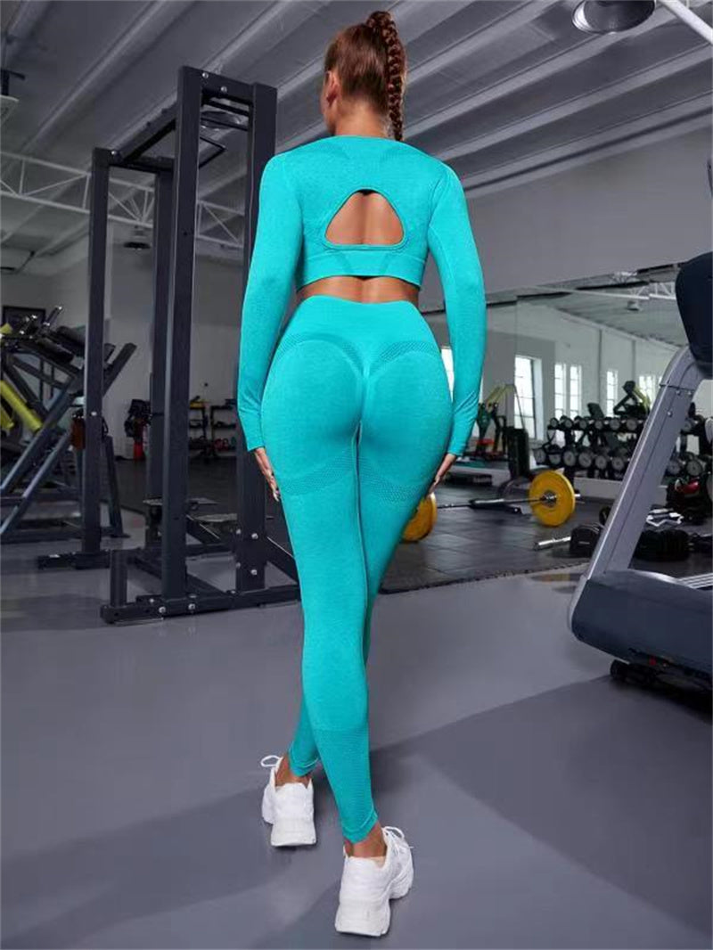 2pcs Sports Suits Long Sleeve Hollow Design Tops And Butt Lifting High Waist Seamless Fitness Leggings