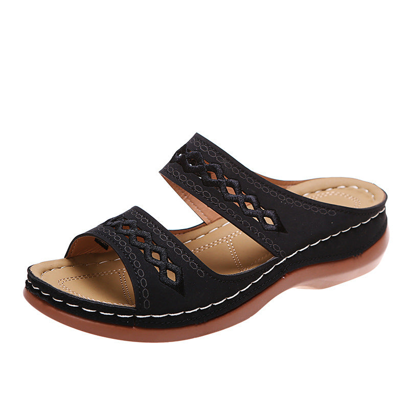 Low Cut Round Head Side Empty Wedge Breathable Sandals